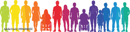 Diverse people silhouettes, rainbow color human group, inclusivity diversity concept, disability wheelchair representation, community unity, multicultural society standing figures illustration