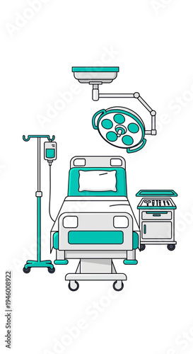 Medical Facility Illustration Showcasing Surgical Equipment and Patient Room for Healthcare Purposes