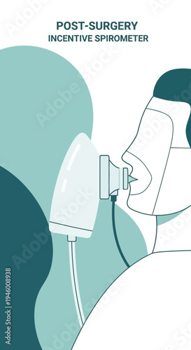 Medical Illustration Depicting Post-Surgery Respiratory Therapy Using an Incentive Spirometer Device