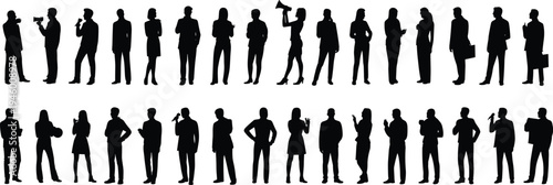 Silhouettes of diverse business professionals communicating, presenting, holding microphones, megaphones, briefcases, teamwork, corporate interaction, media representation, leadership