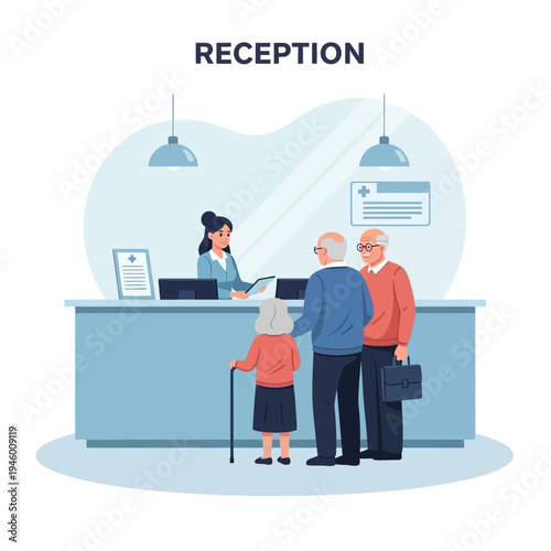 Medical Facility Reception: Elderly Patients Interacting With The Receptionist for Assistance and