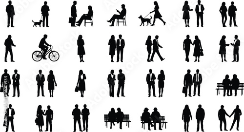 people silhouettes collection, everyday life scenes, men women activities, urban lifestyle silhouettes, walking sitting cycling, social interaction, isolated black figures