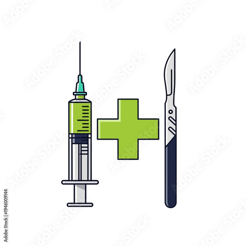 Medical Illustration Featuring Syringe, Scalpel, And Green Cross Symbol, Promoting Healthcare