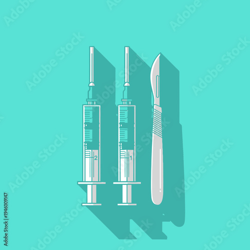 Medical Illustration Featuring Syringes and Scalpel Against Teal Background for Healthcare