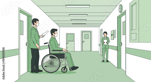 Medical Facility Scene Illustrating Healthcare, Patient, Doctor, And Hospital Corridor