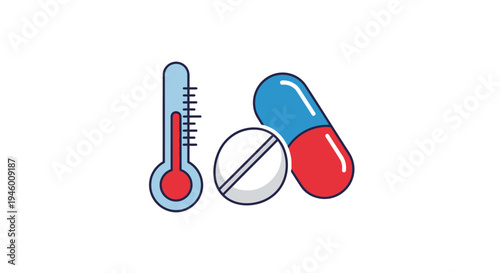 Medical Illustration Featuring Thermometer and Pills Illustrating Health and Treatment