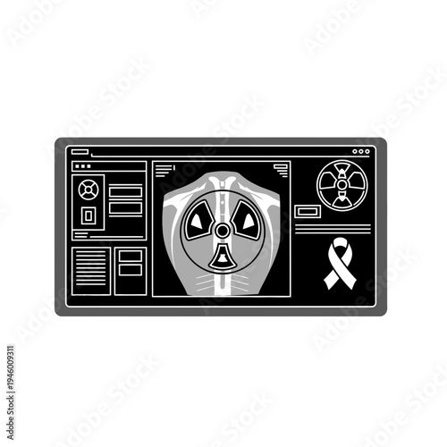 Medical Imaging Display Depicting Radiation Hazard Symbol and Cancer Awareness Ribbon