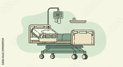 Medical Illustration Featuring Hospital Bed And Monitoring Equipment, Vector Design