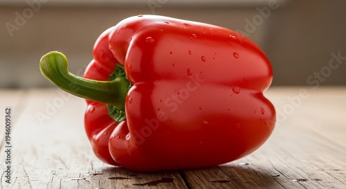 Red Bell Pepper Image of Fresh Glossy Vegetable with Water Droplets and Green Stem on Rustic Background for Cooking or Nutrition Visuals