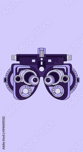 Medical Illustration Of A Modern Phoropter In Shades Of Purple On A Lilac Background