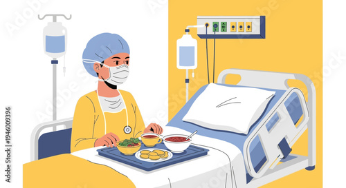 Medical Illustration Of A Patient In Bed Eating Food While Wearing A Mask