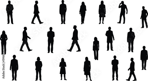 People silhouettes collection, men and women standing walking characters, professional and casual individuals, human figures set illustration