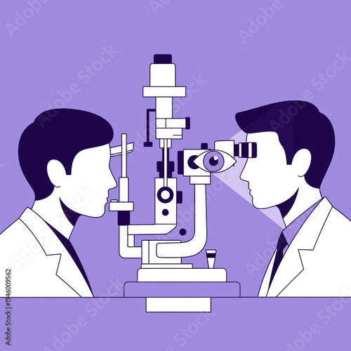 Medical Illustration Featuring Optometrist Performing Eye Exam Using Diagnostic Equipment