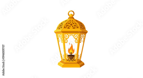 Golden Lantern With Flame Inside.