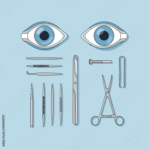 Medical Illustration Of Eye Examination Instruments And Surgical Tools On Light Blue Background