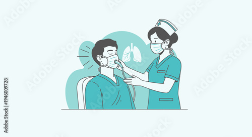Medical Illustration Of Nurse Assisting A Patient Wearing Oxygen Mask With Pulmonary System
