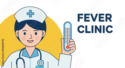 Medical Illustration Of Nurse Holding Thermometer and Promoting Fever Clinic Services