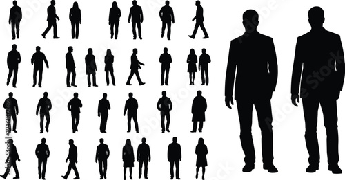 People silhouettes collection, men women walking standing poses, diverse human figures set, lifestyle characters illustration bundle