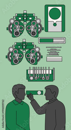 Medical Illustration of Ophthalmic Equipment and Eye Examination Instruments Depicted with Figures