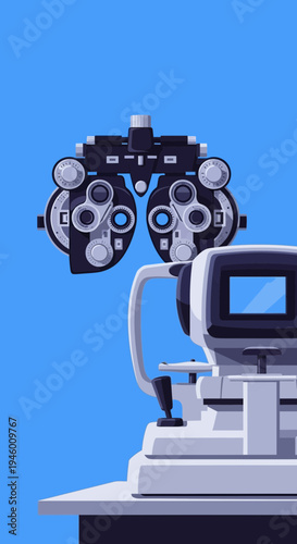 Medical Illustration of Ophthalmic Equipment Depicting Precise Vision Assessment and Eye Care