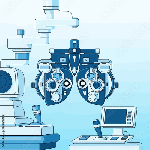 Medical Illustration of Ophthalmic Equipment Depicting Modern Eye Care Diagnostics and Vision