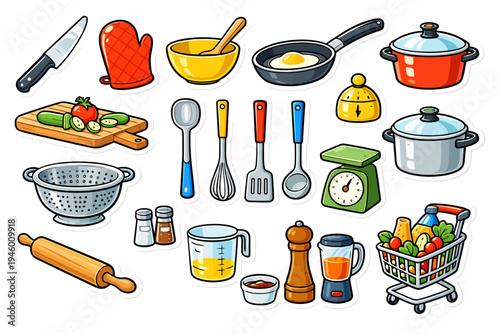 Kitchen utensils and cooking ingredients collection for culinary enthusiasts.