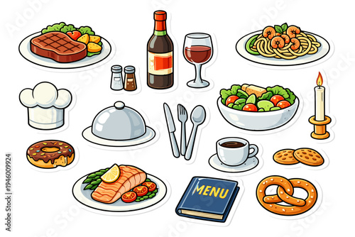 Illustrated collection of diverse food items and dining elements.
