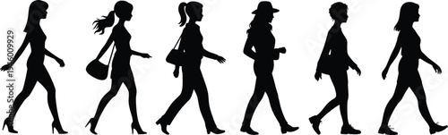 Silhouette women walking, diverse fashion illustration, modern clothing styles, casual and formal outfits, posture variation, accessories, footwear, individuality concept