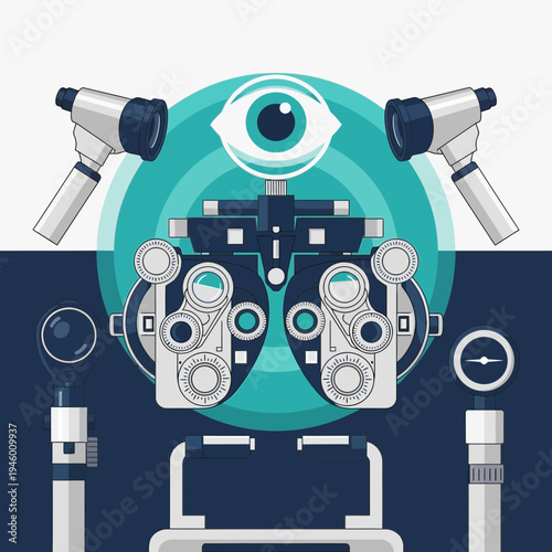 Medical Illustration: Ophthalmic Examination Equipment Depicted with Stylized Optical Elements