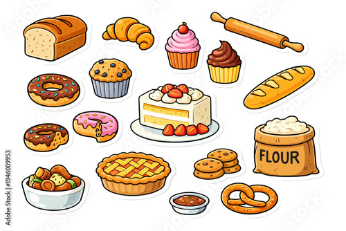 Assorted bakery goods including bread, cakes, donuts, and pastries.