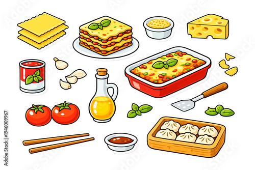 Colorful italian cuisine illustration with lasagna and ingredients.