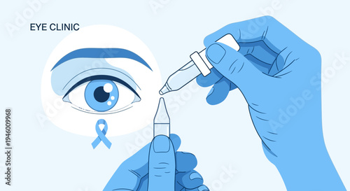 Medical Illustration Showing Eye Examination With Blue Eye Drops Applied For Treatment
