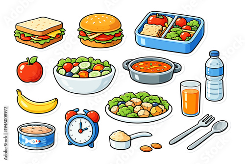 Colorful healthy lunch assortment with sandwich, salad, and fruits.