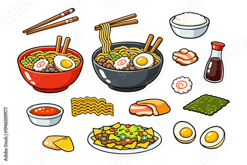 Colorful cartoon ramen ingredients and bowls with chopsticks and sauces.