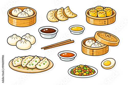 Assorted asian dumplings and dimsum with sauces in bamboo steamers.
