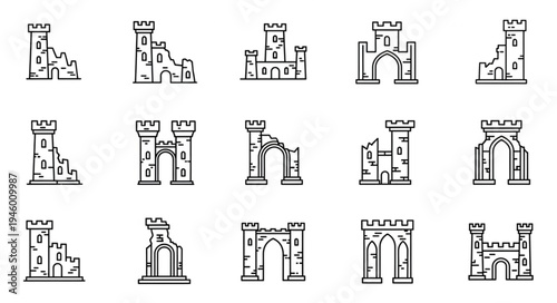 Collection of Castle Ruins Illustrations in a Sketch Style.