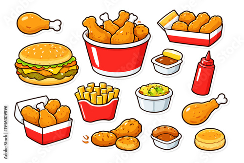 Assorted fast food icons: fried chicken, fries, sauces, burger, and biscuit.