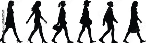 Silhouette women walking, diverse fashion styles, modern clothing illustration, casual and formal outfits, posture variation, accessories, footwear, individuality concept