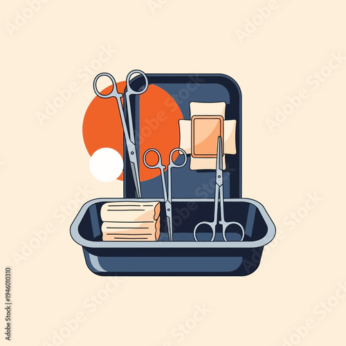 Medical Instrument Tray Illustration Depicting Surgical Scissors, Sterile Gauze, and Surgical Tools