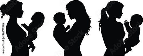 Silhouette parents holding babies, family caregiving concept, nurturing bond, childcare illustration, parental love, human connection, parenting support, maternal health