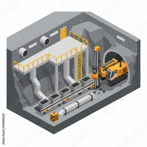 Underground Tunnel Construction Site with Heavy Machinery.