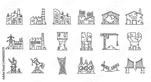 Industrial Structures and Machinery - A Collection of Line Art Icons.