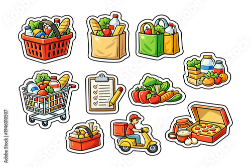 Colorful grocery and food delivery cartoon stickers with shopping elements.