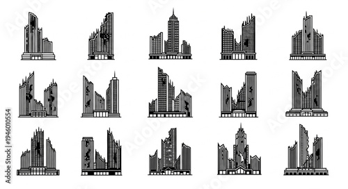 Collection of Black and White Cityscape Silhouette Illustrations.