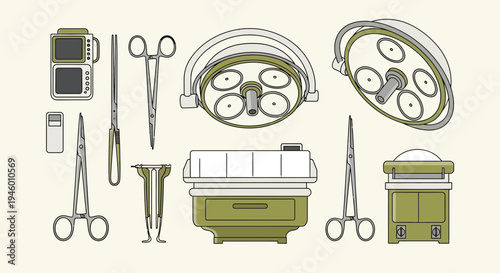 Medical Instruments and Equipment, Surgical Tools Rendered in Flat Illustration Style