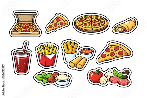 Variety of fast food items: pizza, fries, soda, and snacks displayed with ingredients.