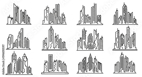 Collection of Hand-Drawn Cityscape Outlines with Skyscrapers.