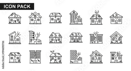 Damaged Houses Icon Pack - Earthquake and Natural Disaster Concept.
