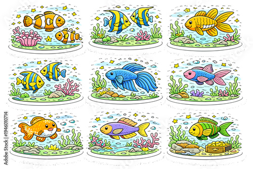 Colorful tropical fish in aquariums with coral reefs and marine plants.