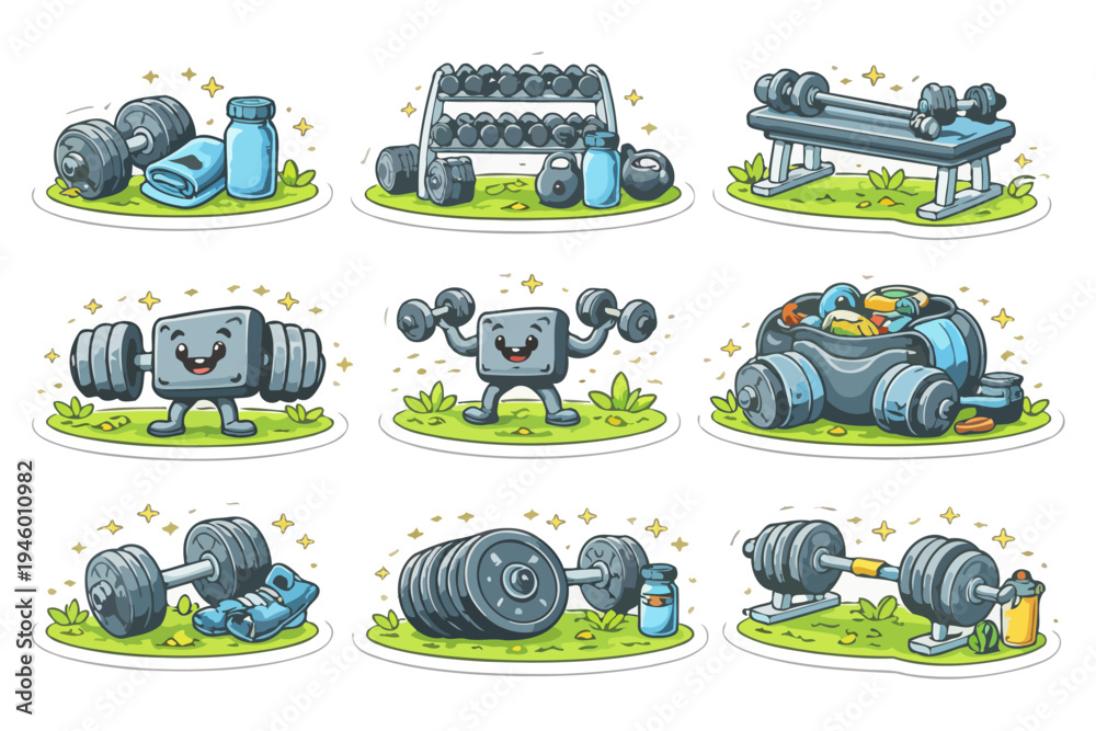 Obraz premium Cute cartoon dumbbells and gym equipment collection for fitness enthusiasts.